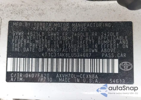 2020 Toyota Camry Le Hybrid z USA, uszkodzony, nr VIN 4T1C31AK8LU534687